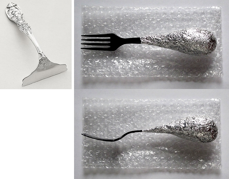 (l) silver scraper / (r) jamie newton . foil fork, 2010